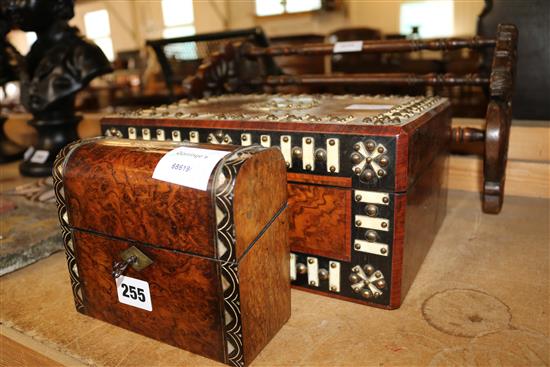 Carolean style oak book rack and 2 Victorian inlaid walnut boxes